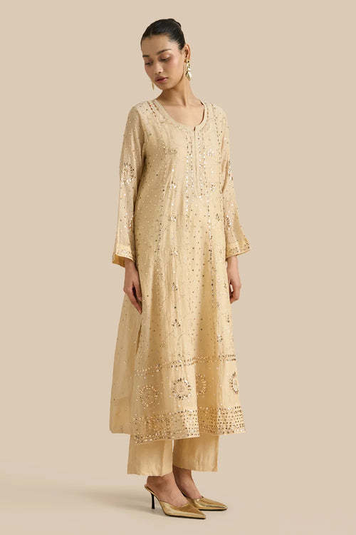 Beige Kalidar Set With Kamdani Embroidery Aborned With Moti And Mirror Work