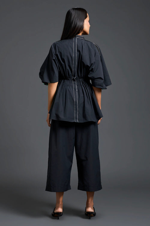 Black Smocked Floral Peplum Co-ord Set