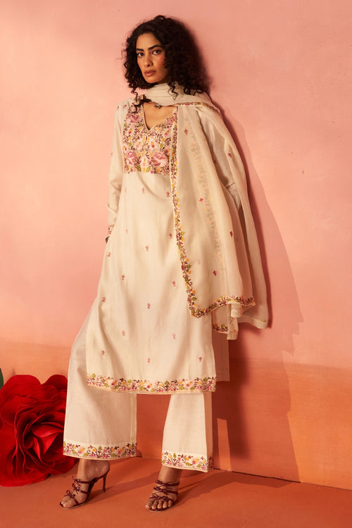 Resham Rang Chanderi Cotton Ivory Kurta Set