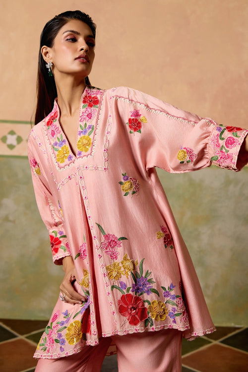 Rose Pink Threadwork and Beadwork Tunic with Pants