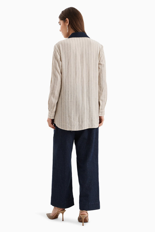 Beige Striped Dark Herringbone Panel Shirt