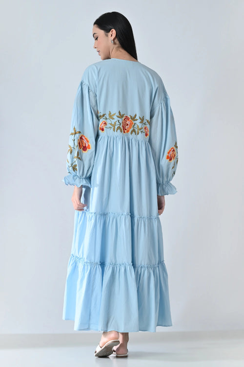 Powder Blue Embroidered Tiered Dress