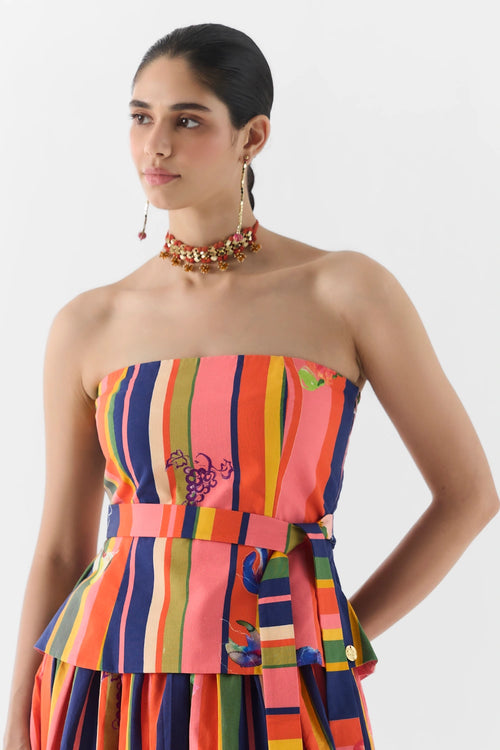 Pink Barcode Off Shoulder Top And Skirt Set