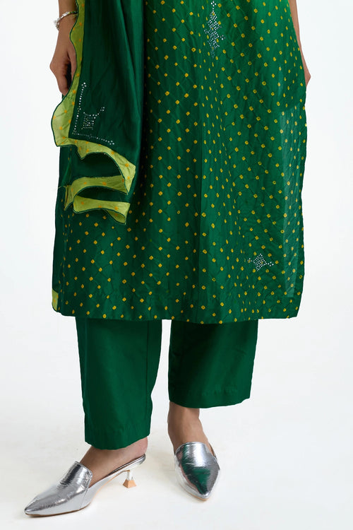 Green Mirror Embroidered Bandhani Suit Set