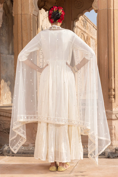 Off White Criss Cross Angrakha with Embroidered Dupatta