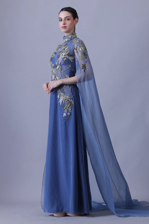 Blue Gown With Artisanal Embroidery And Ethereal Cape Sleeves
