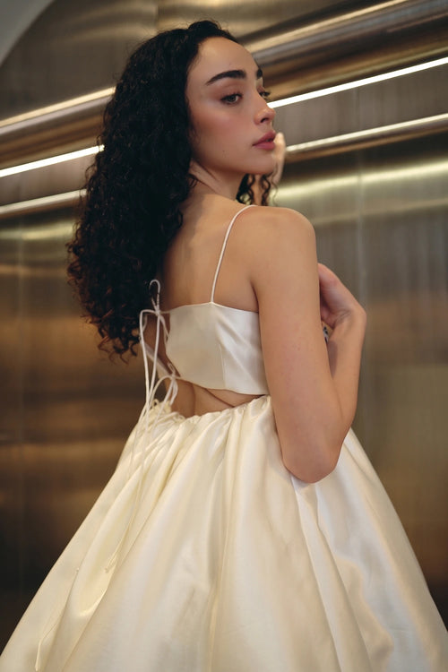 White Hand Embellished Voluminous Mini Dress