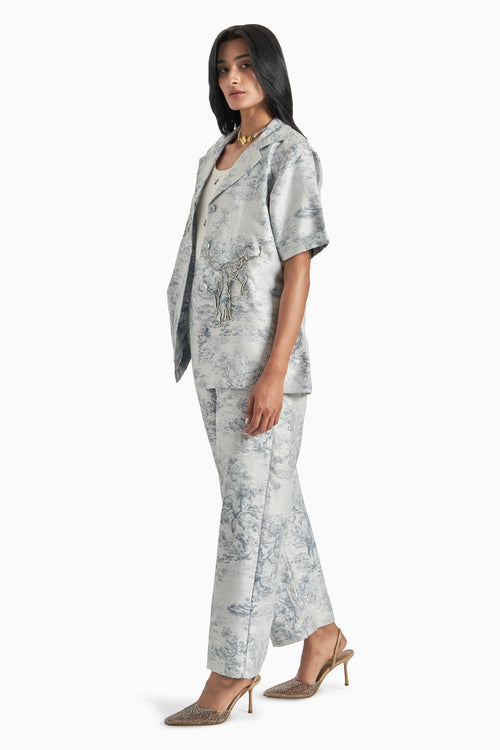 Blue Silk Jacquard Blazer And Pants Set