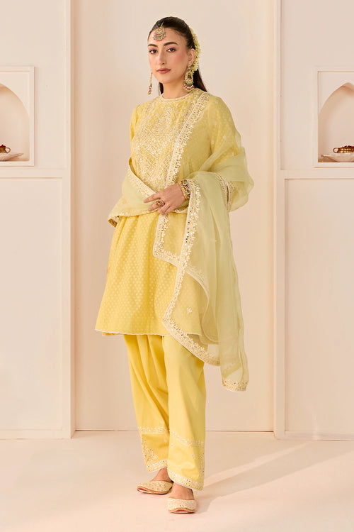 Nida Lemon Yellow Short Choga with Farshi Salwar and Dupatta