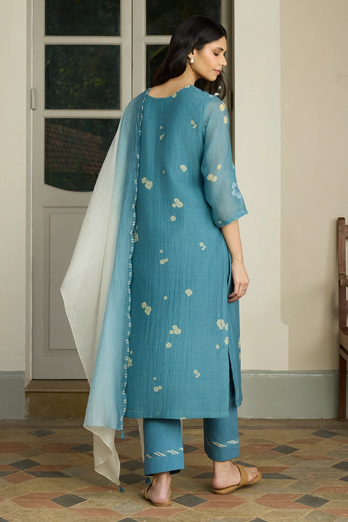 Ocean Blue Applique Cotton Kurta Set