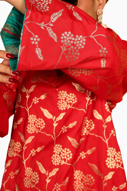Red Dark Green Banarasi Begum Tunic Tulip Set