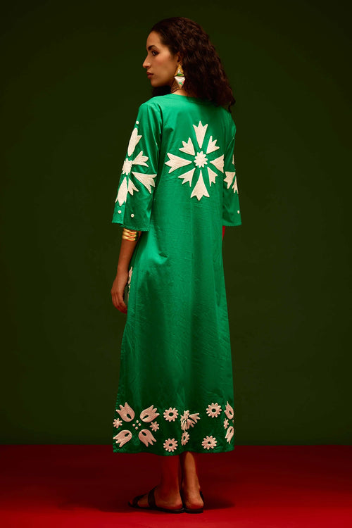 Avocado Green Cotton Maxi Dress with Thread Embroidery