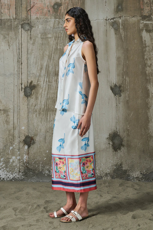 Blooming Edge Halter Neck Shirt With Straight Midi Skirt
