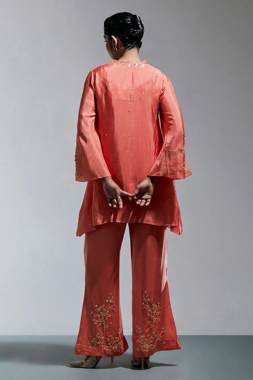 Vermilion Floral Embroidered Silk Co-ord Set