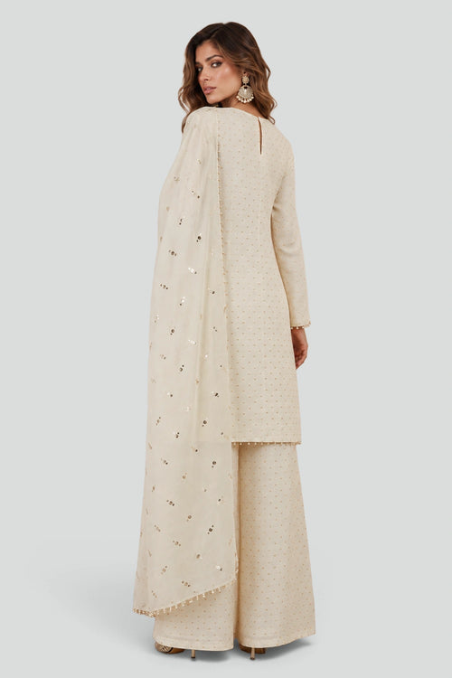 Off-White Banarasi Kurta With Palazzo And Dupatta