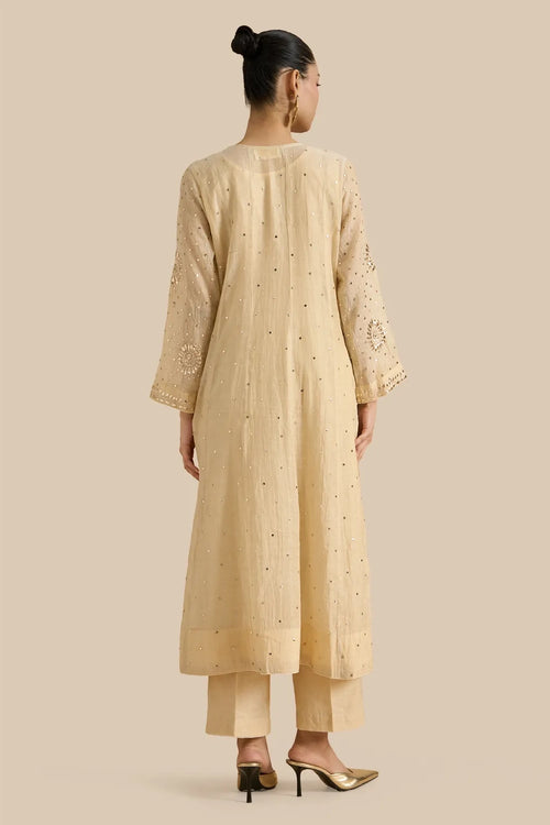 Beige Kalidar Set With Kamdani Embroidery Aborned With Moti And Mirror Work
