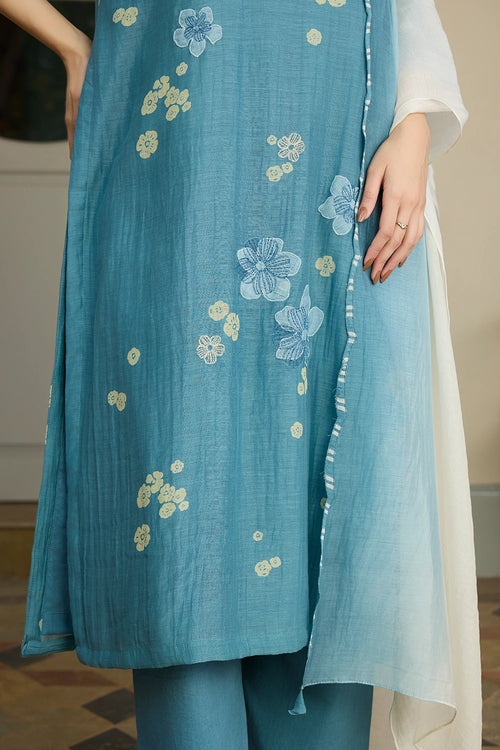 Ocean Blue Applique Cotton Kurta Set
