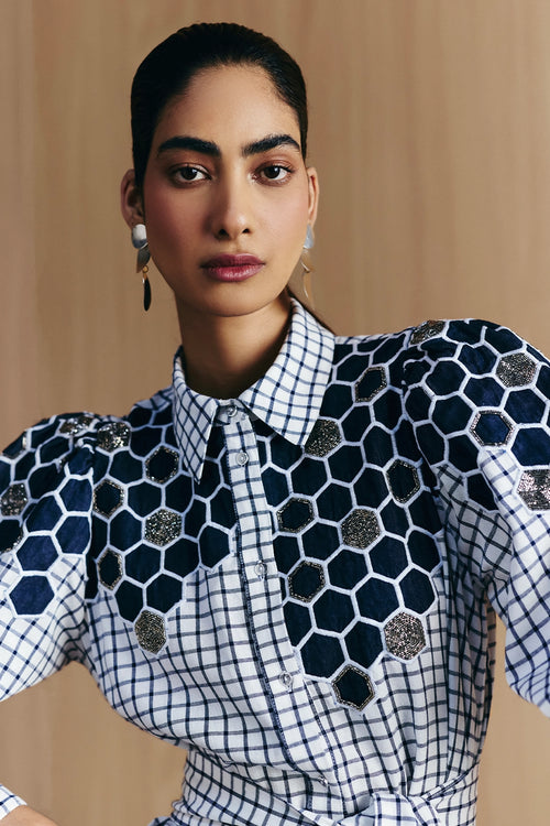 Blue & White Check Embellished Shirt Dress