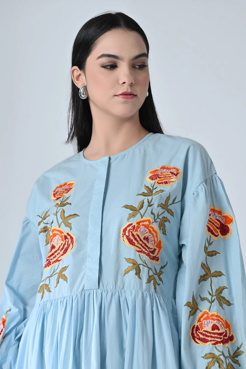 Powder Blue Embroidered Tiered Dress
