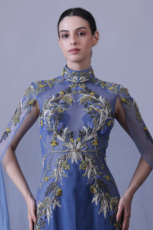 Blue Gown With Artisanal Embroidery And Ethereal Cape Sleeves