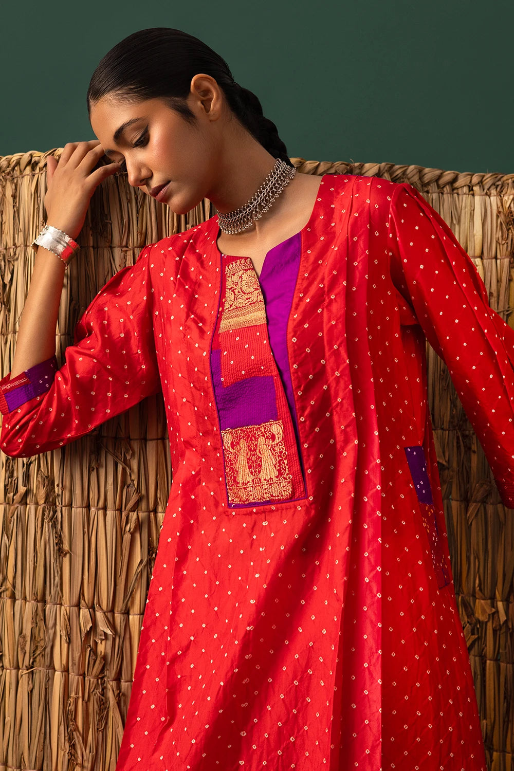 Red Patchwork Bandhani Suit Set