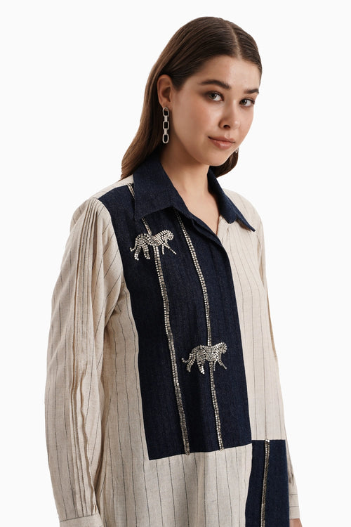 Beige Striped Dark Herringbone Panel Shirt