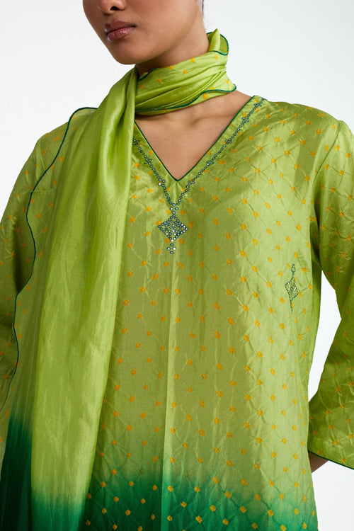 Green Mirror Embroidered Bandhani Suit Set