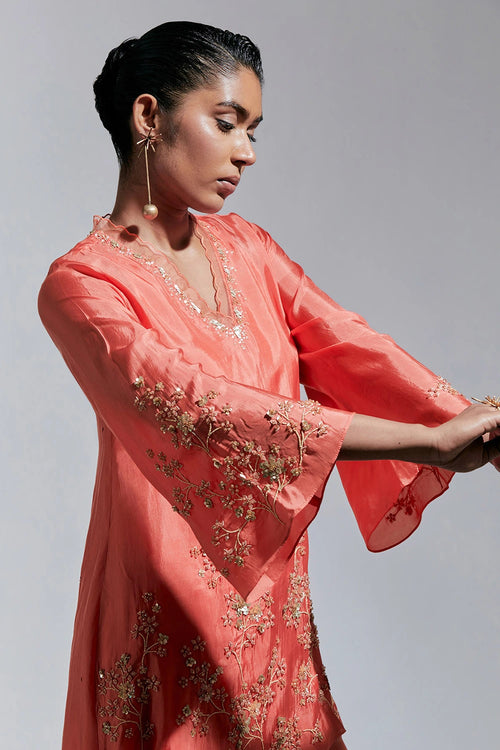 Vermilion Floral Embroidered Silk Co-ord Set