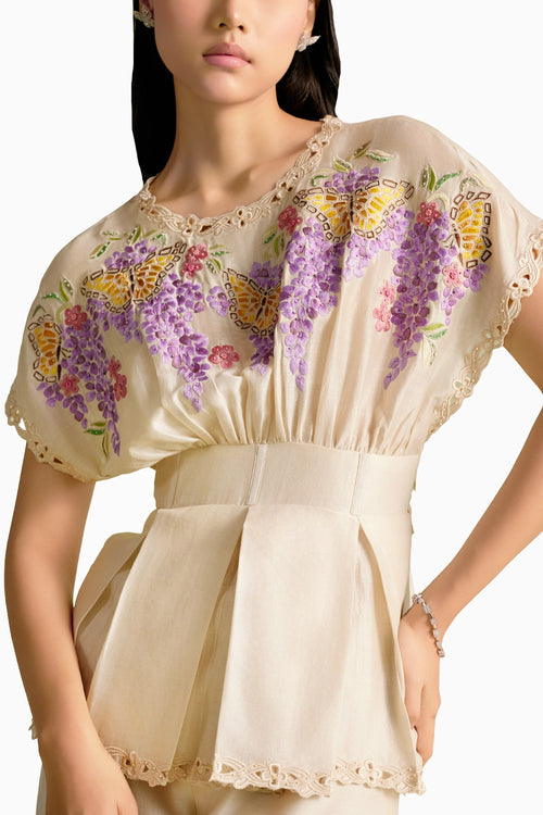 Ivory Butterfly Mosaic Pleated Top