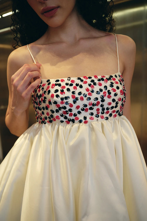 White Hand Embellished Voluminous Mini Dress