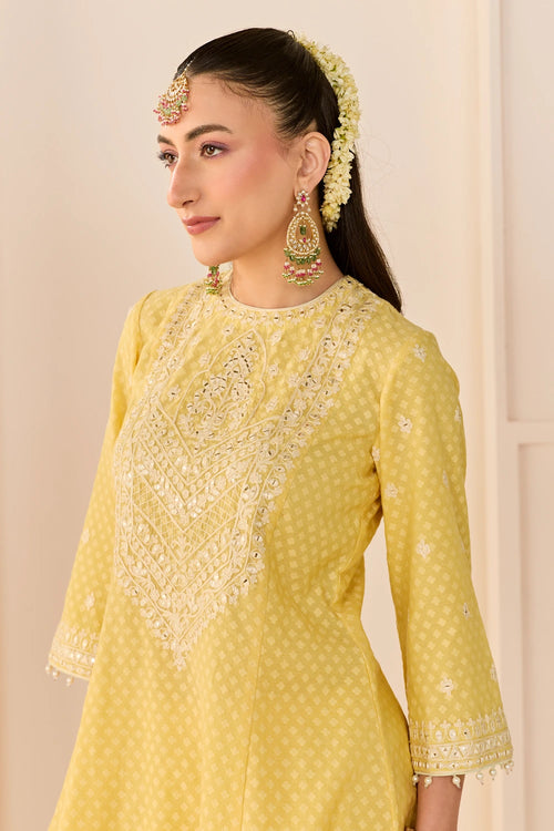 Nida Lemon Yellow Short Choga with Farshi Salwar and Dupatta