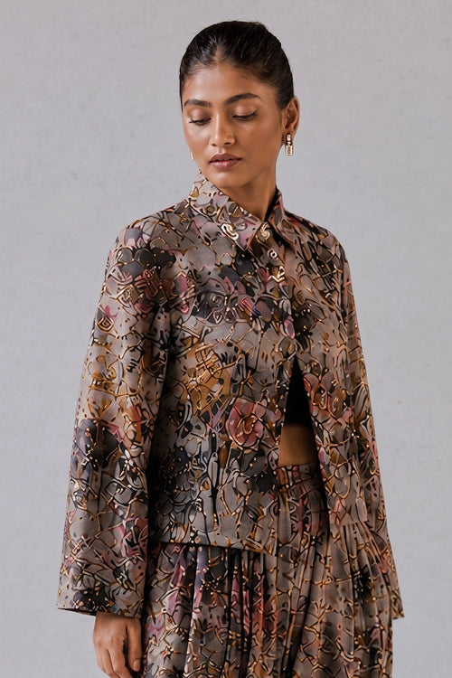 Floral Print Jacket And Dhoti Set