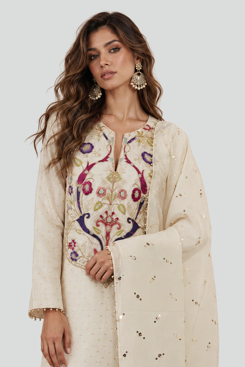Off-White Banarasi Kurta With Palazzo And Dupatta