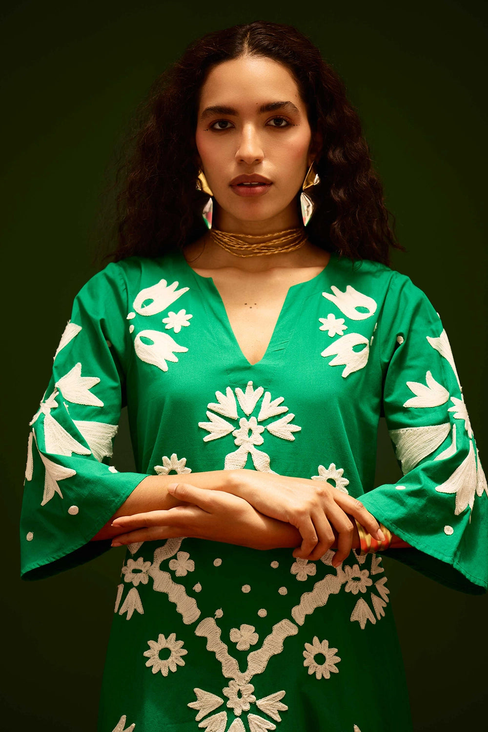 Avocado Green Cotton Maxi Dress with Thread Embroidery