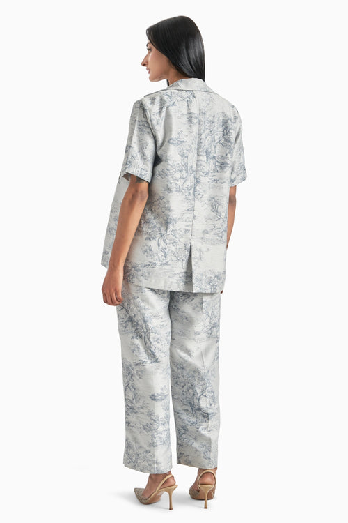 Blue Silk Jacquard Blazer And Pants Set