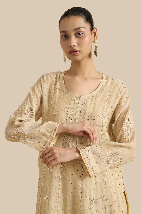 Beige Kalidar Set With Kamdani Embroidery Aborned With Moti And Mirror Work