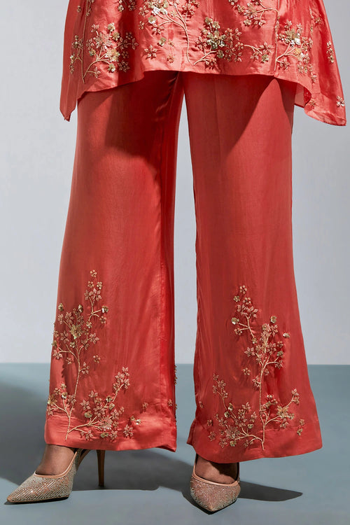 Vermilion Floral Embroidered Silk Co-ord Set