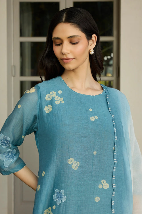 Ocean Blue Applique Cotton Kurta Set