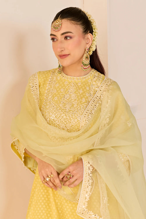 Nida Lemon Yellow Short Choga with Farshi Salwar and Dupatta