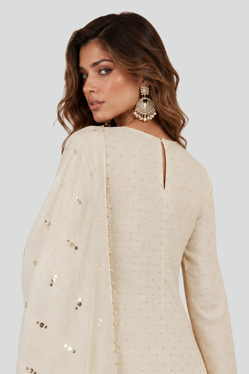 Off-White Banarasi Kurta With Palazzo And Dupatta