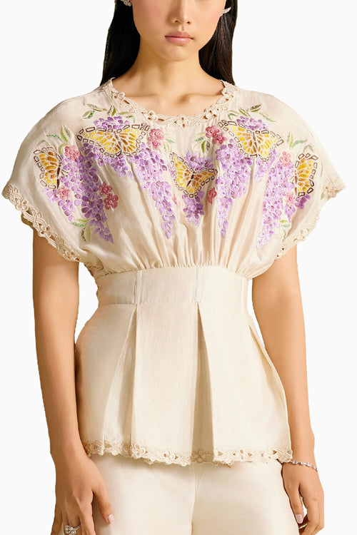 Ivory Butterfly Mosaic Pleated Top