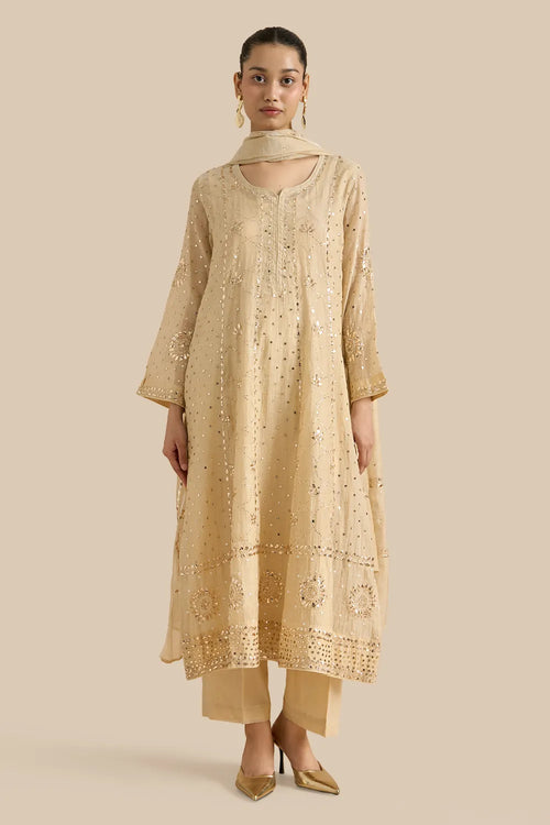 Beige Kalidar Set With Kamdani Embroidery Aborned With Moti And Mirror Work