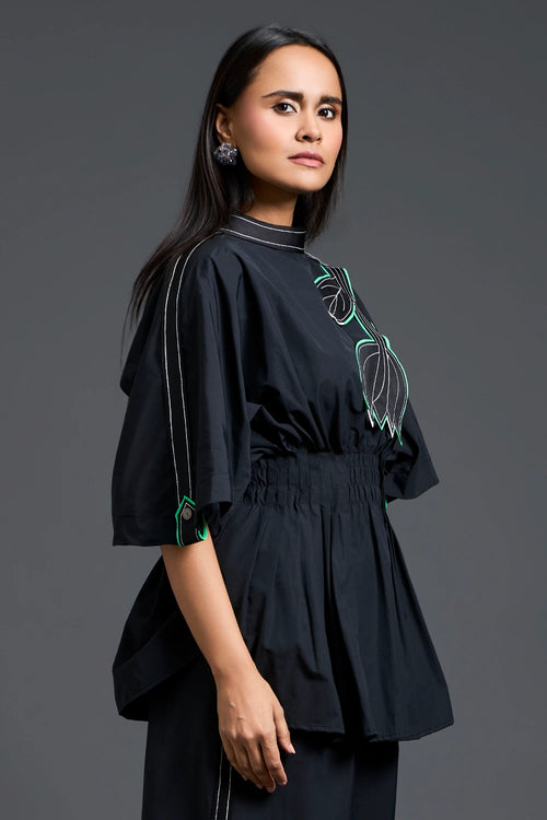 Black Smocked Floral Peplum Top