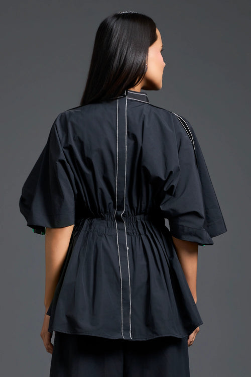 Black Smocked Floral Peplum Top