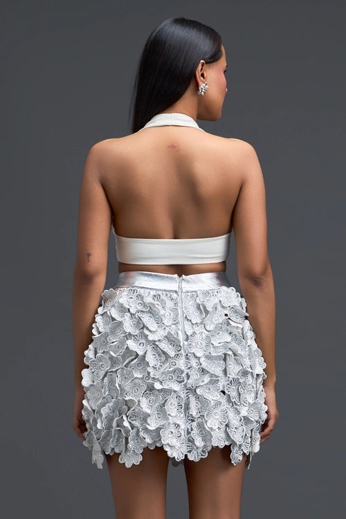 White Halter Crop Top and Silver Floral Mini Skirt