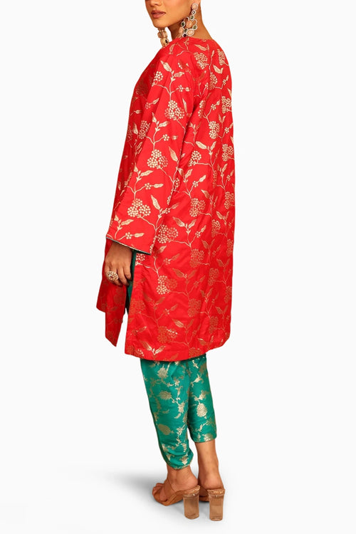 Red Dark Green Banarasi Begum Tunic Tulip Set