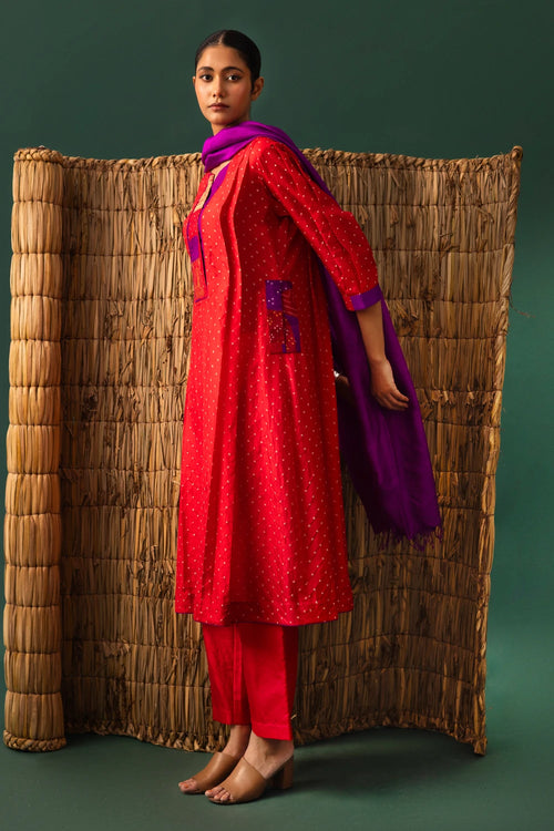 Red Patchwork Bandhani Suit Set