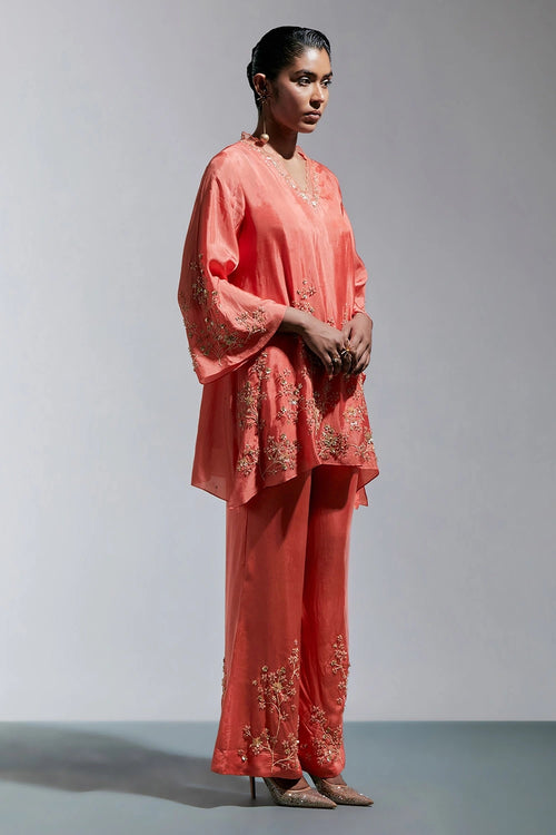 Vermilion Floral Embroidered Silk Co-ord Set