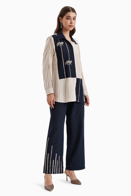 Beige Striped Dark Herringbone Panel Shirt