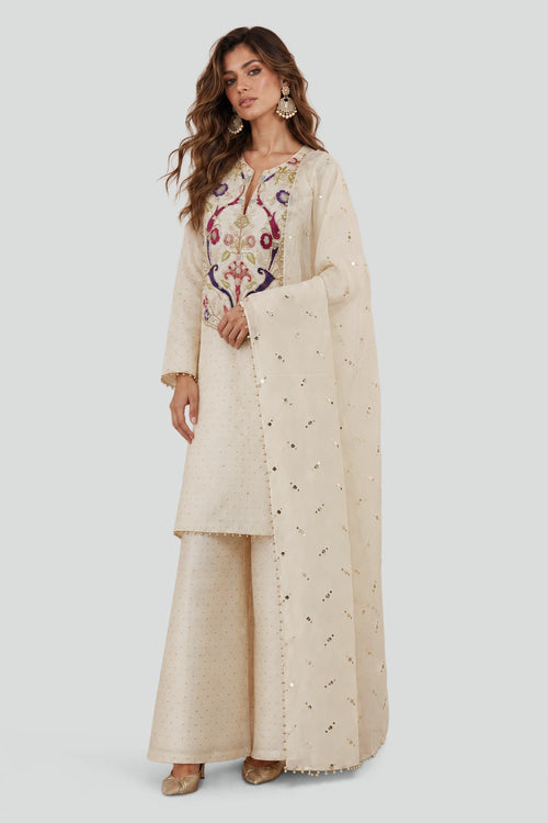 Off-White Banarasi Kurta With Palazzo And Dupatta
